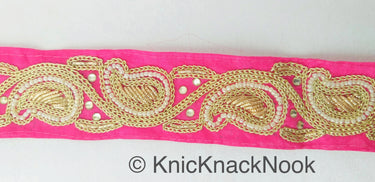 Pink Lace Trim With Floral Zardozi Hand Embroidery And White Beads & Indian Stones Kundan Embellishment, Approx. 40mm, Decorative Trim